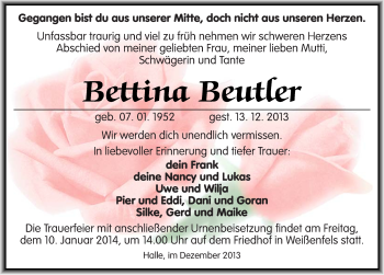 Traueranzeige von Bettina Beutler von Mitteldeutsche Zeitung