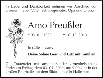 Traueranzeige von Arno Preußler von Mitteldeutsche Zeitung Halle/Saalkreis