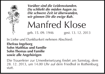 Traueranzeige von Manfred Klose von Mitteldeutsche Zeitung Halle/Saalkreis