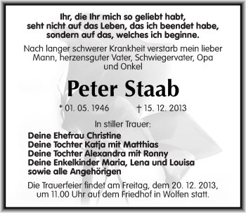 Traueranzeige von Peter Staab von Mitteldeutsche Zeitung Bitterfeld