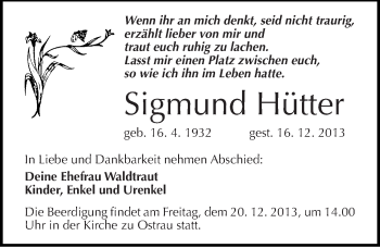Traueranzeige von Sigmund Hütter von Mitteldeutsche Zeitung Halle/Saalkreis