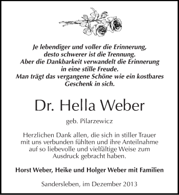 Traueranzeige von Hella Weber von Mitteldeutsche Zeitung Mansfelder Land
