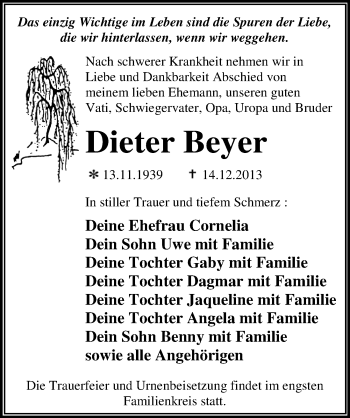Traueranzeige von Dieter Beyer von Mitteldeutsche Zeitung Wittenberg