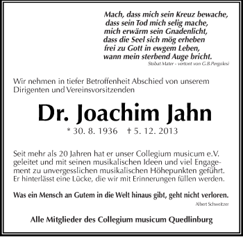 Traueranzeige von Joachim Jahn von Mitteldeutsche Zeitung Quedlinburg