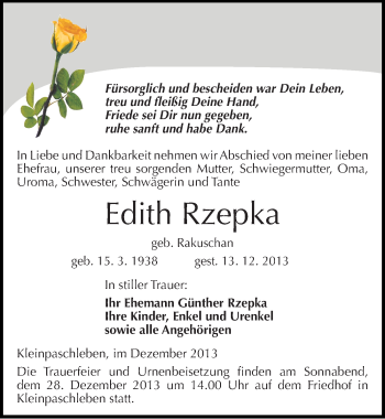 Traueranzeige von Edith Rzepka von Mitteldeutsche Zeitung Köthen