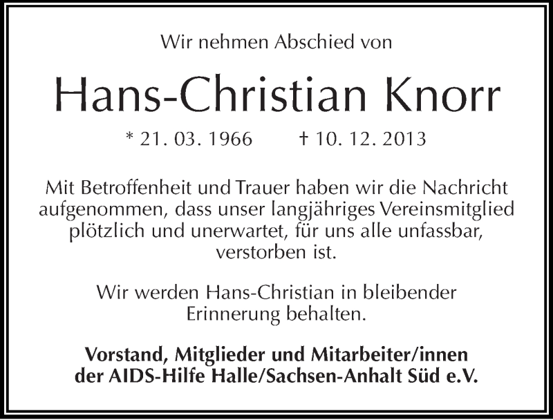  Traueranzeige für Hans-Christian Knorr vom 18.12.2013 aus Mitteldeutsche Zeitung Halle/Saalkreis