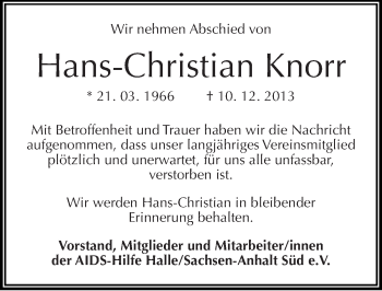 Traueranzeige von Hans-Christian Knorr von Mitteldeutsche Zeitung Halle/Saalkreis