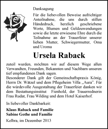 Traueranzeige von Ursela Raback von Mitteldeutsche Zeitung Sangerhausen