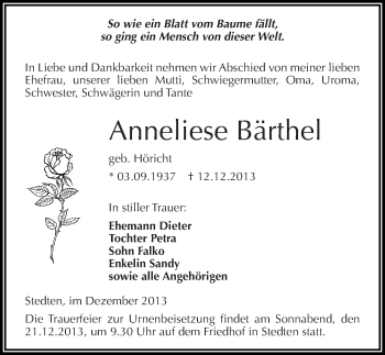 Traueranzeige von Anneliese Bärthel von Mitteldeutsche Zeitung Mansfelder Land
