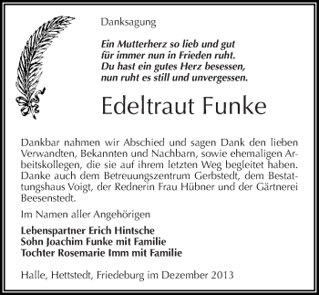 Traueranzeige von Edeltraut Funke von Mitteldeutsche Zeitung Halle/Saalkreis