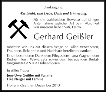 Traueranzeige von Gerhard Geißler von Mitteldeutsche Zeitung Weißenfels
