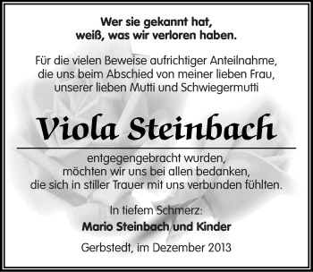 Traueranzeige von Viola Steinbach von Mitteldeutsche Zeitung Mansfelder Land