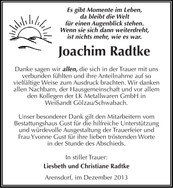 Traueranzeige von Joachim Radtke von Mitteldeutsche Zeitung Köthen
