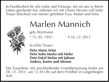 Traueranzeige von Marlen Mannich von Mitteldeutsche Zeitung Halle/Saalkreis