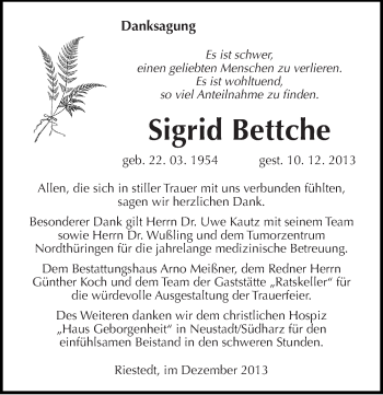 Traueranzeige von Sigrid Bettche von Mitteldeutsche Zeitung Sangerhausen