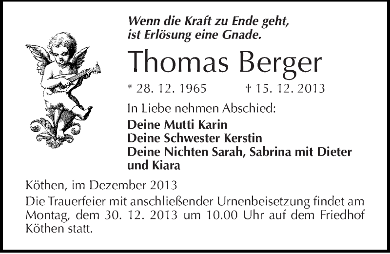  Traueranzeige für Thomas Berger vom 21.12.2013 aus Mitteldeutsche Zeitung Köthen