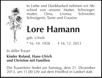 Traueranzeige von Lore Hamann von Mitteldeutsche Zeitung Bernburg