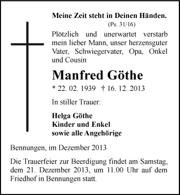 Traueranzeige von Manfred Göthe von Mitteldeutsche Zeitung Sangerhausen