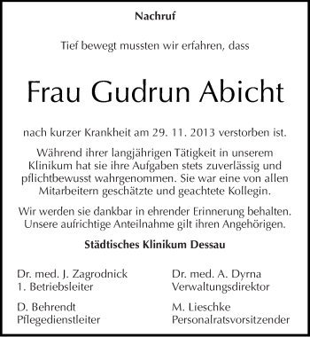 Traueranzeige von Gudrun Abicht von Mitteldeutsche Zeitung Dessau-Roßlau