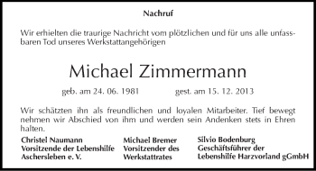 Traueranzeige von Michael Zimmermann von Mitteldeutsche Zeitung Aschersleben