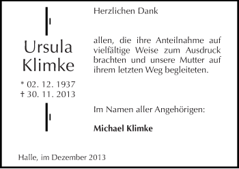 Traueranzeige von Ursula Klimke von Mitteldeutsche Zeitung Halle/Saalkreis