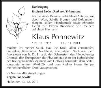 Traueranzeige von Klaus Ponnewitz von Mitteldeutsche Zeitung Halle/Saalkreis