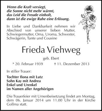 Traueranzeige von Frieda Viehweg von Mitteldeutsche Zeitung Halle/Saalkreis