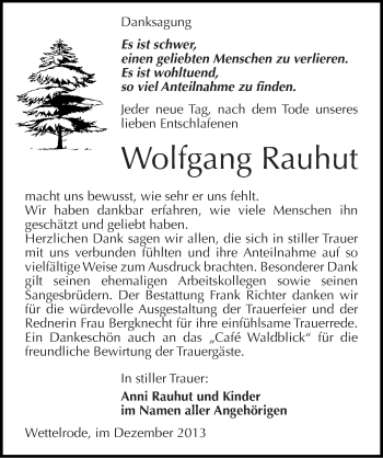 Traueranzeige von Wolfgang Rauhut von Mitteldeutsche Zeitung Sangerhausen
