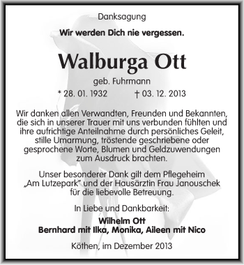 Traueranzeige von Walburga Ott von Mitteldeutsche Zeitung Köthen