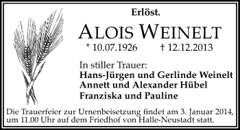 Traueranzeige von Alois Weinelt von Mitteldeutsche Zeitung Halle/Saalkreis