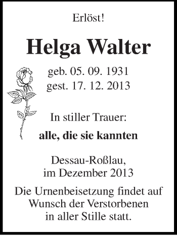 Traueranzeige von Helga Walter von Mitteldeutsche Zeitung Dessau-Roßlau