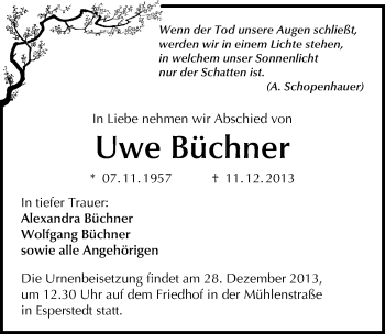 Traueranzeige von Uwe Büchner von Mitteldeutsche Zeitung Merseburg/Querfurt