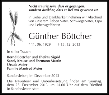 Traueranzeige von Günther Böttcher von Mitteldeutsche Zeitung Mansfelder Land