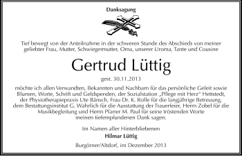 Traueranzeige von Gertrud Lüttig von Mitteldeutsche Zeitung Mansfelder Land