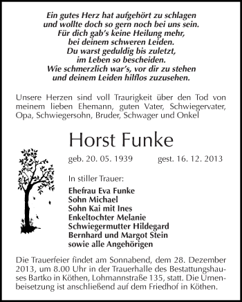 Traueranzeige von Horst Funke von Mitteldeutsche Zeitung Köthen