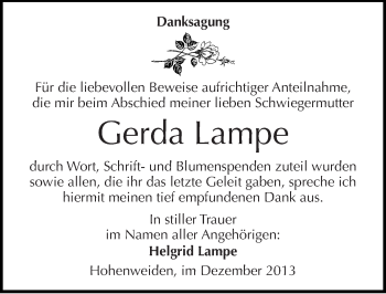 Traueranzeige von Gerda Lampe von Mitteldeutsche Zeitung Halle/Saalkreis