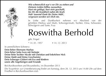 Traueranzeige von Roswitha Berhold von Mitteldeutsche Zeitung Weißenfels