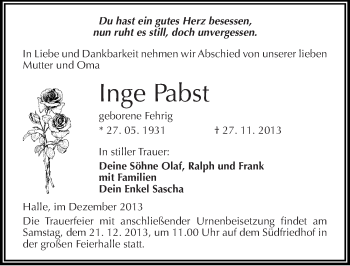 Traueranzeige von Inge Pabst von Mitteldeutsche Zeitung Halle/Saalkreis