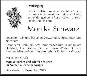 Traueranzeige von Monika Schwarz von Mitteldeutsche Zeitung Mansfelder Land