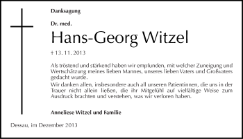 Traueranzeige von Hans-Georg Witzel von Mitteldeutsche Zeitung Dessau-Roßlau