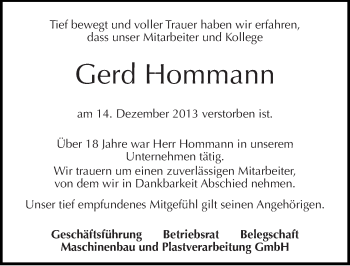 Traueranzeige von Gerd Hommann von Mitteldeutsche Zeitung Sangerhausen