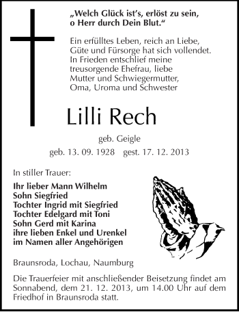 Traueranzeige von Lilli Rech von Mitteldeutsche Zeitung Naumburg/Nebra