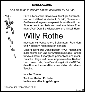 Traueranzeige von Willy Rothe von Mitteldeutsche Zeitung Weißenfels