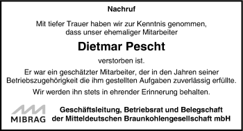 Traueranzeige von Dietmar Pescht von Mitteldeutsche Zeitung Weißenfels