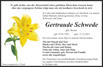 Traueranzeige von Gertraude Schwede von Mitteldeutsche Zeitung Quedlinburg