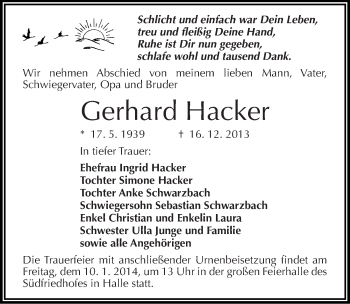 Traueranzeige von Gerhard Hacker von Mitteldeutsche Zeitung Halle/Saalkreis