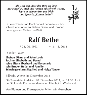 Traueranzeige von Ralf Bethe von Mitteldeutsche Zeitung Naumburg/Nebra