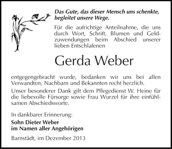 Traueranzeige von Gerda Weber von Mitteldeutsche Zeitung Merseburg/Querfurt