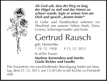 Traueranzeige von Gertrud Rausch von Mitteldeutsche Zeitung Halle/Saalkreis