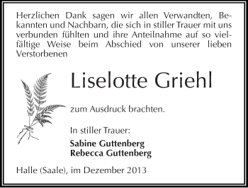 Traueranzeige von Liselotte Griehl von Mitteldeutsche Zeitung Halle/Saalkreis